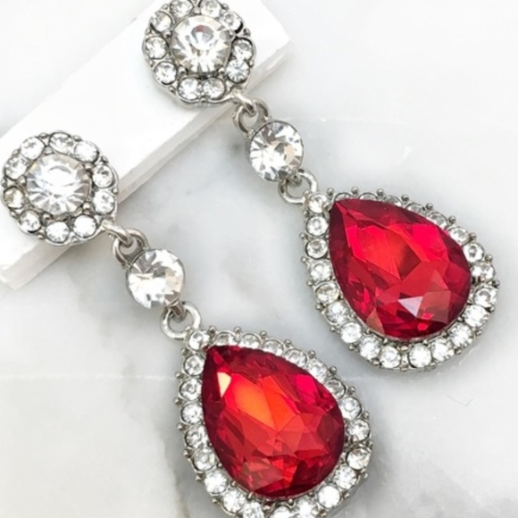 Cherryl's Jewelry - Red Crystal Rhinestone Drop Occasion Earrings Cherryl's Jewelry - Red Crystal Rhinestone Drop Occasion Earrings